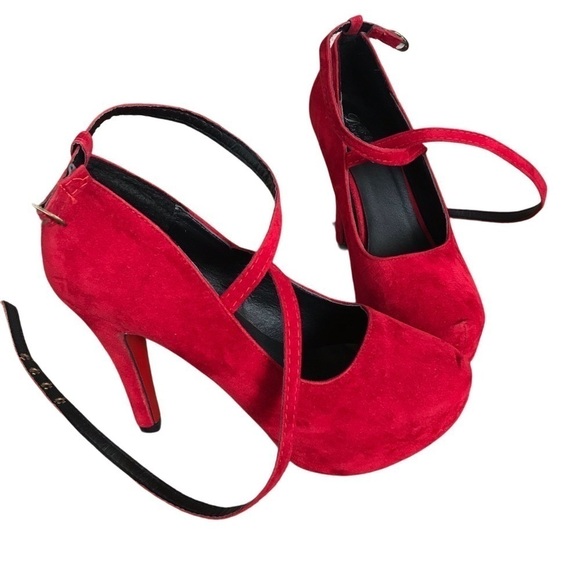 Red velvet platform heels sz 8.5 ankle Strappy stiletto Sexy MWOT valentines day - Picture 7 of 14